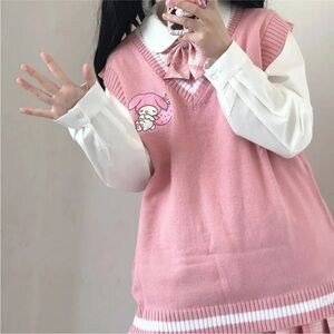 Kuromi My Melody Cinnamroll V-Neck Sweater Vest Pink White Size L #1425